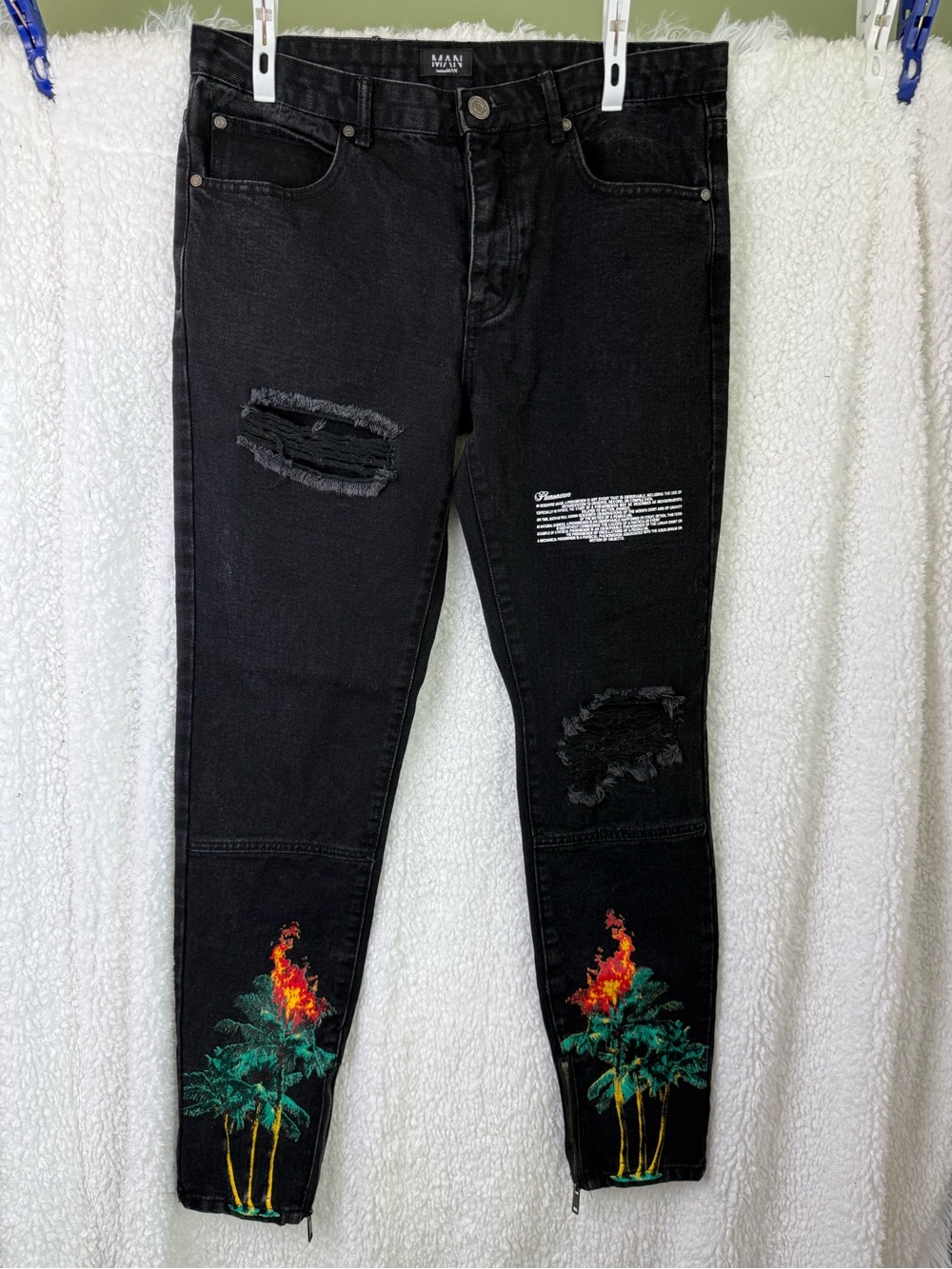 MAN boohoo MAN Black Button-fly Distressed Skinny Jeans Hand-painted Tropical 32
